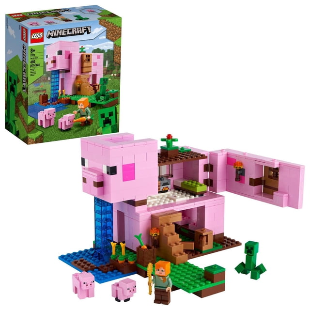 LEGO Minecraft The Pig House 21170 Toy Building Kit (490 Pieces) front-facing buildable pig-shaped house playset with removable roof and opening side, includes Alex minifigure, Creeper, 2 pigs, carrots and explosion function; measures over 5.5 in. (14 cm) high and 8 in. (20 cm) wide, often used as a display model on shelves.