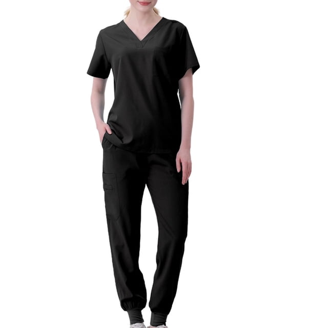 Pisexur Plus Size Scrub Set for Women - Slim Solid Color V-Neck Scrub Top & Skinny Cargo Scrub Pants With Pockets