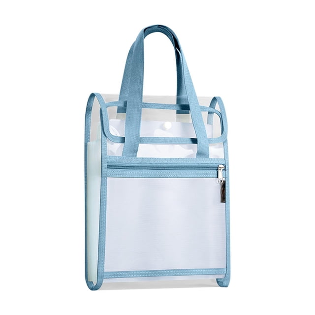 Blue Double Layer Handheld Document Storage Tote Bag, Clear PVC Mesh Large Capacity Portable File Organizer with Front Zipper Pocket for Office Daily Use