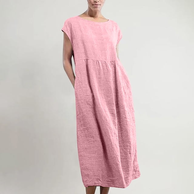 UPPADA Robe Longue Maxi Sans Manches à Col Rond pour Femme, Unie, avec Poches, en Lin, Ample et Grand, Style Caftan