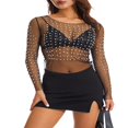 thumbnail image 2 of Women‘s Summer Sheer Mesh Tops Long Sleeve  Neck Rhinestone Slim Fit Crop Tops, 2 of 7