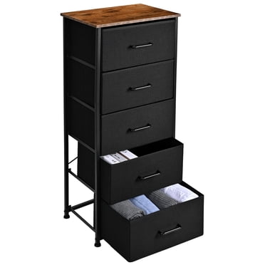 SortWise Tall Dresser with 5 Drawers, Vertical Bedside End Table & Chest for Bedroom, Storage Tower Dorm Nightstand Organizer Unit with Metal Frame, Wood Top and Fabric Drawers