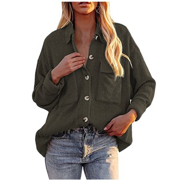CEHVOM Cardigan Boutonné en Velours Côtelé pour Femmes Manches Longues Col à Revers Chemise Ample Rembourrée avec Poche Liquidation