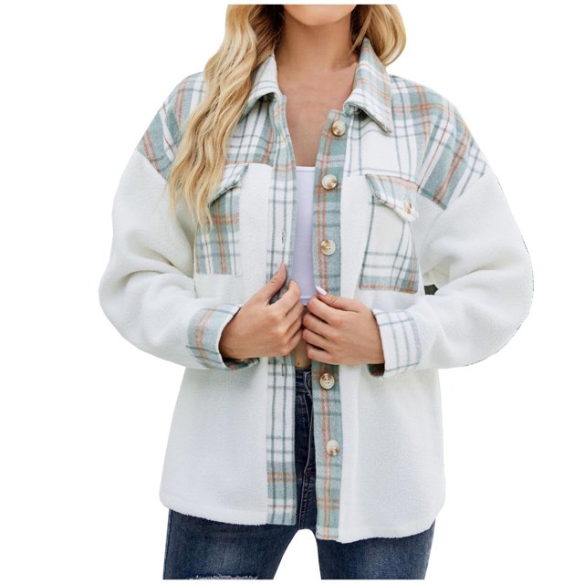 IROINID Women's Short Woolen Jacket Print Long Sleeve Winter Plaid Buttons Patchwork Coat, Green