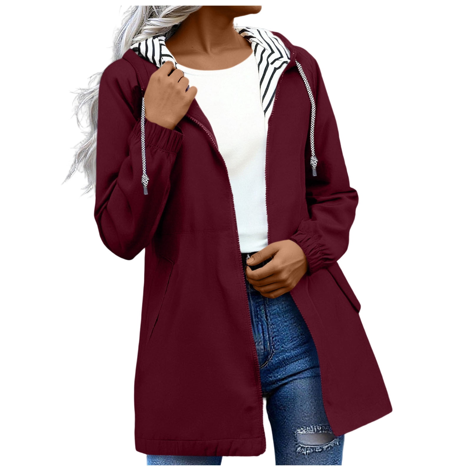 Mgmyaa Imperméable Long pour Femme, Manteau de Pluie Léger à Capuche, Coupe-Vent, Trench, Randonnée Plein Air