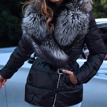 Qertyioot Womens Winter Fleece Jacket Ladies Shiny Big Collar Short Long-sleeved Cotton Down Padded