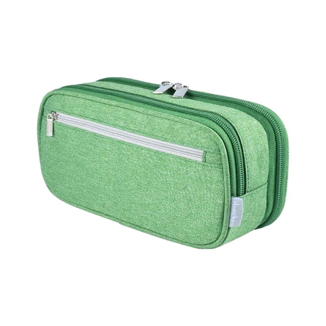 Meitianfacai large-capacity multi-function pencil case with a three-layer design, shown in a green canvas material with a smooth zipper closure. The compact case measures 21×10×6cm and features a front zippered pocket for additional storage. Suitable for holding up to 40 pens, pencils, a 20cm ruler, or other accessories. Ideal for school, office, or travel use, and can also function as a coin or cosmetic bag.