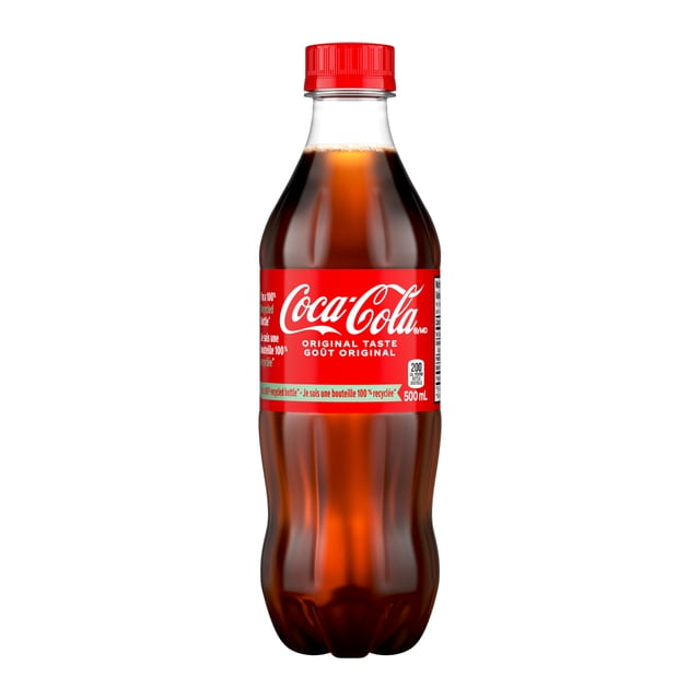 Coca-Cola Bottle, 500 mL, front-facing clear plastic bottle filled with dark brown cola, with a red label displaying the white Coca-Cola logo, original taste text, and nutritional info, ideal as a refreshing soft drink often enjoyed with meals or social moments.