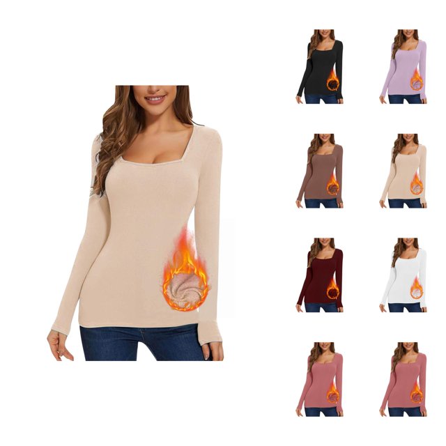 Womens Long Sleeve Tops 2026 Fall Winter Basic Square Neck Fitted Breathable Undershirt T Shirt