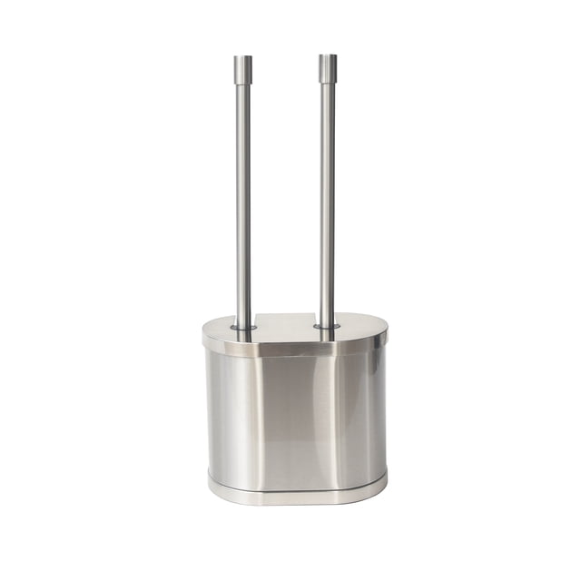 BHG Sn BrshPlng Set with a brushed stainless steel holder containing two long-handled cleaning brushes, designed for household cleaning tasks, shown on a white background.