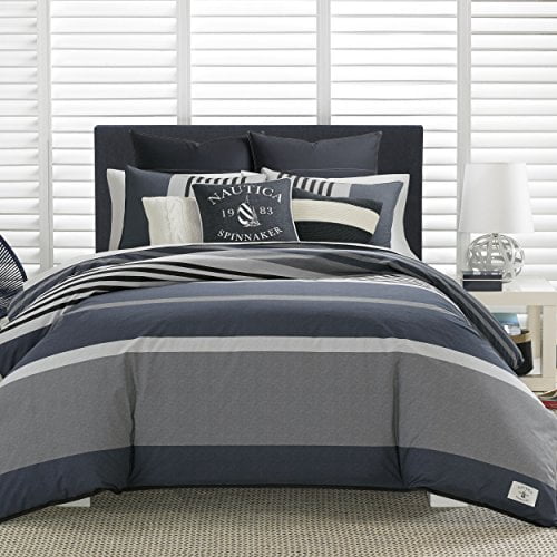 Nautica | Rendon Collection Set-100% Cotton Cozy & Soft, Durable & Breathable Striped Comforter with Matching Shams, King, Charcoal