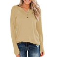 thumbnail image 2 of Timegard Womens Tops Notched V-Neck Button Long Sleeve Solid Color Comfy Fall Casual Loose Tee Tops, 2 of 4