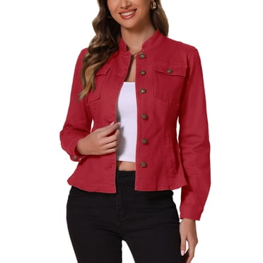 INSPIRE CHIC Women's Denim Jackets Stand Collar Long Sleeves Short Jean Jackets Red L