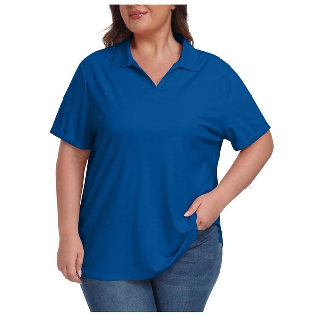 Timegard Hauts pour Femmes Grande Taille Col à Revers Col en V Manches Courtes T-Shirts Basiques Confortables Hauts Décontractés Amples