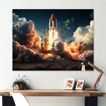Designart Rocketship Oversized Wall art decor, Rocketship Wall Art, Launching the Rocketship I , White Modern Canvas wall art, 32x24 inches