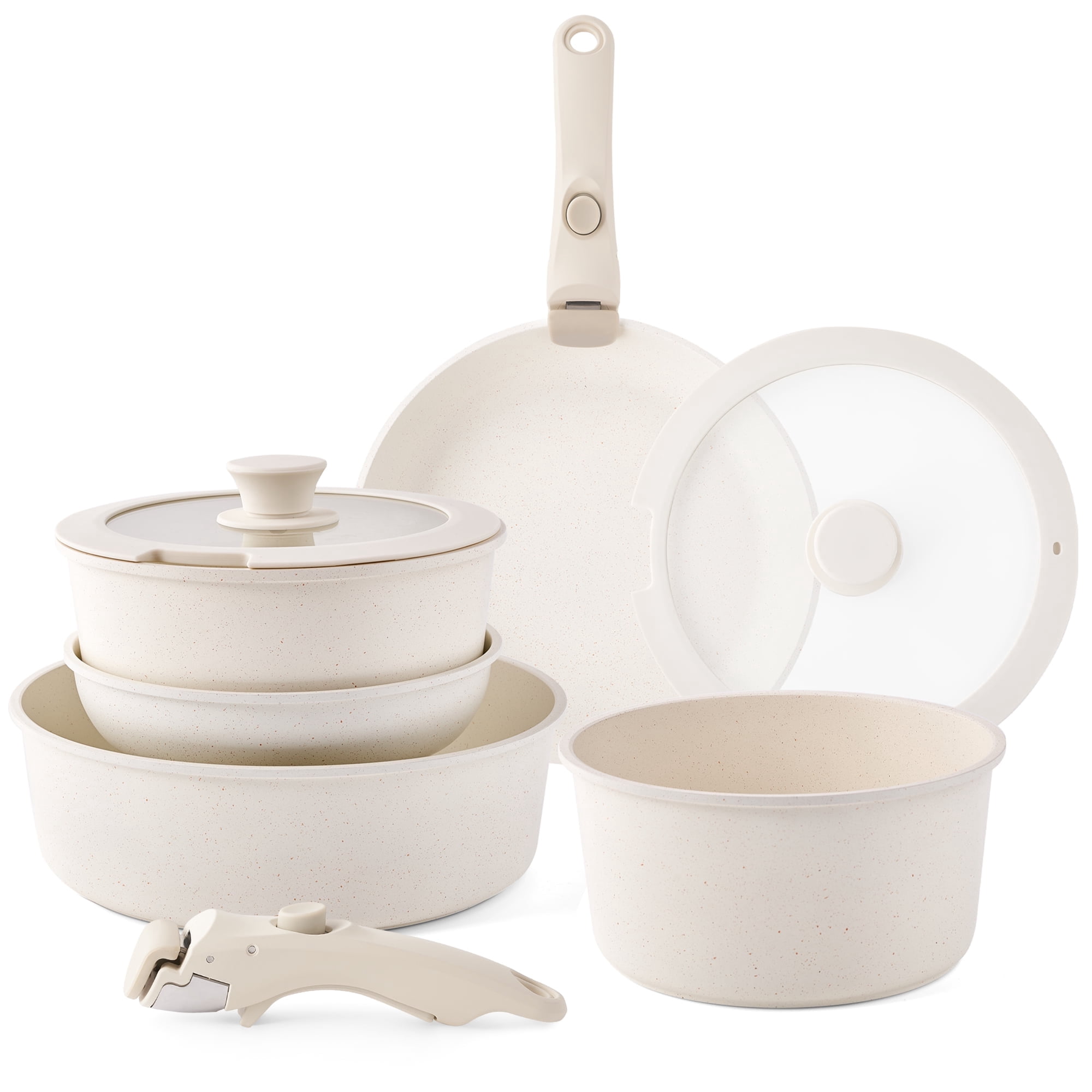 Refurbished Caannasweis 9535-6PCS-Beige 13 Pieces Stackable Nonstick Cookware Sets Removable Handle Induction Pots & Pans