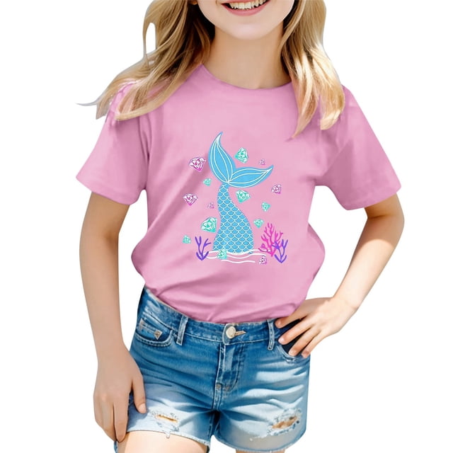 T-shirts pour Filles, Imprimé Graphique Océan Mignon, Manches Courtes, Hauts Amples, Rose 2-3 Ans
