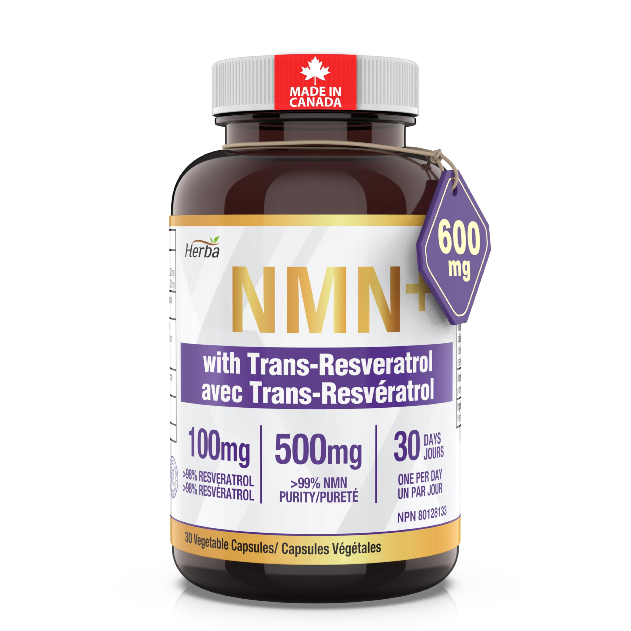 Herba NMN Supplement with Resveratrol 600mg - 30 Capsules | Made in Canada
