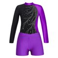 thumbnail image 3 of renvena Girls Gymnastics Leotards and Shorts Set Rhinestone Long Sleeve Ballet Unitard Biketards Purple 8, 3 of 5