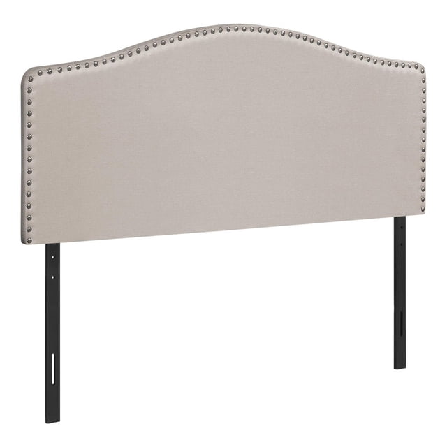 Monarch Specialties Bed, Headboard Only, Queen Size, Bedroom, Upholstered, Linen Look, Beige, Transitional headboard with a gently arched top and silver-finish nailhead trim framing beige linen-look fabric. Padded for comfort, it includes black metal legs for attachment to queen-size bed frames. Measuring 63 by 50.5 by 3 inches, it suits various bedroom styles and is ideal for updating existing beds with a timeless design.