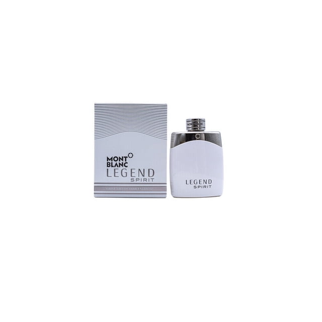 Mont Blanc Legend Spirit 3.3 / 3.4 oz EDT Cologne for Men displayed with its box. The bottle has a sleek white design with silver accents, and the box features a striped grey and white pattern with the Montblanc logo and fragrance name. This Eau de toilette spray is ideal for men seeking a fresh and sophisticated scent.