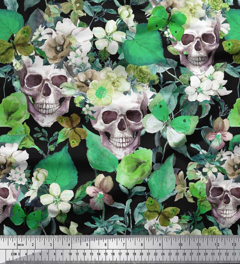 Soimoi Green Velvet Fabric Skull & Anemone Flower Printed Fabric 1 Yard 58 Inch Wide