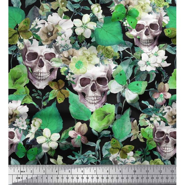 Soimoi Green Poly Georgette Fabric Skull & Anemone Flower Printed Fabric 1 Yard 52 Inch Wide