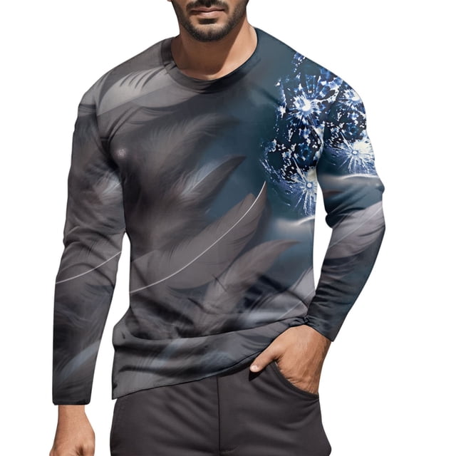 LUOGENLI T-shirts pour Homme pour Hommes Masculin Automne et Hiver Mode Imprimé Col Rond Manches Longues T-Shirt en Gris, Présentant un design Rétro à Imprimé Intégral avec des Plumes et des Motifs Abstraits. Ce T-Shirt Graphique TTG Offre un style vintage, Idéal pour une Tenue Décontractée, Assorti à un Pantalon Foncé.