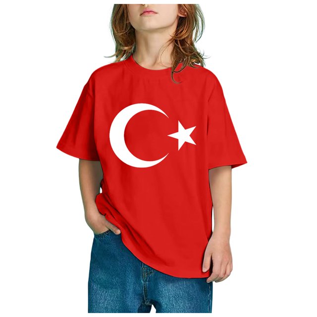PMVFHDE T-Shirts à Manches Courtes pour Garçon, Enfants, Imprimé Drapeau de la Turquie, T-Shirt à Manches Courtes à Col Rond, Tendance Mode, Chandail de Base, Hauts Rouge, 8-9 Ans