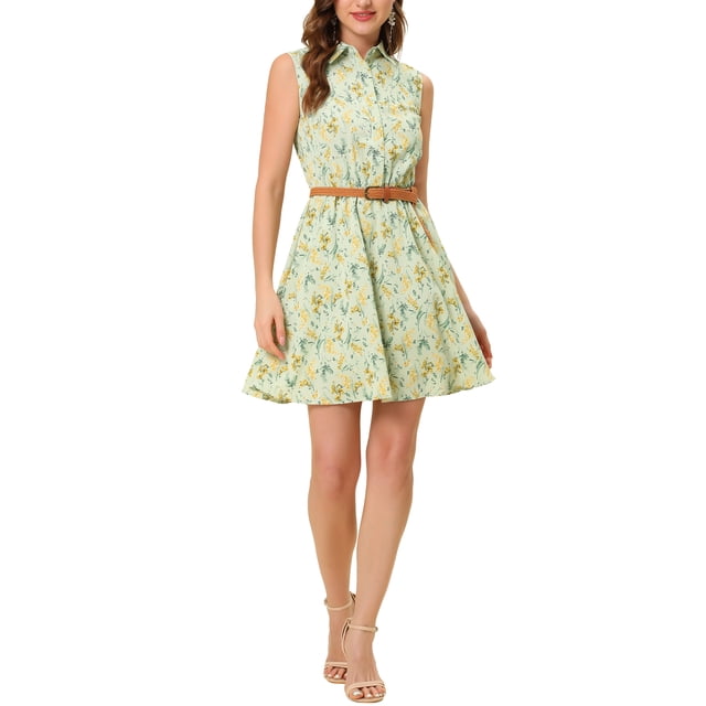 INSPIRE CHIC Robe Sans Manches à Imprimé Floral pour Femme, Demi-Patte de Boutonnage, Longueur Genou, Ceinturée, Printemps, m Vert Pâle-Jaune Floral