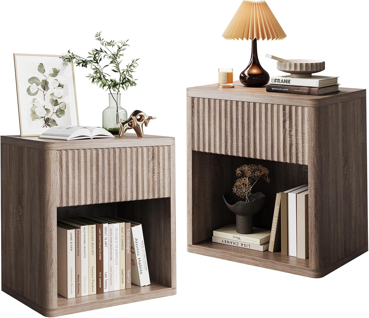 Night Stand Set of 2, Modern Farmhouse Nightstand, Fluted Nightstand with Drawer Storage, Mid Century Wood Bedside Table for Bedroom Living Room Sofa Office