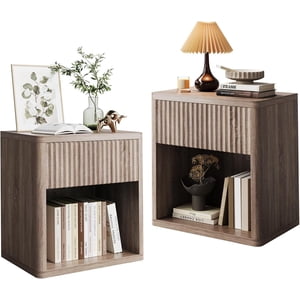Night Stand Set of 2,Modern Farmhouse Nightstand,Fluted Nightstand with Drawer Storage,Mid Century Wood Bedside Table for Bedroom Office,Light walnut