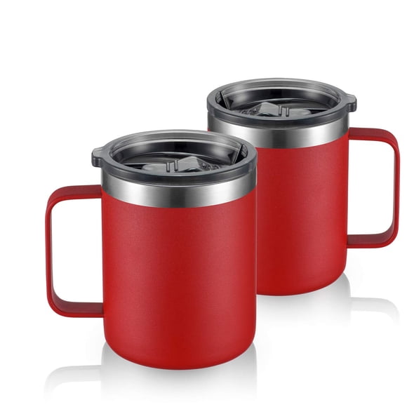 ALOUFEA 12oz Stainless Steel Insulated Coffee Mug with Handle, Double Wall Vacuum Tumbler Cup with Sliding Lid, Red, 2 Pack