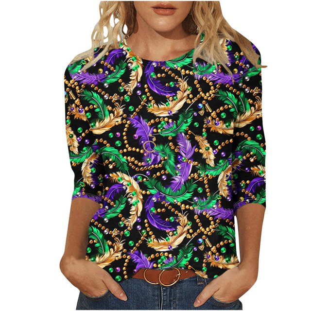 Penkiiy 2024 Chemise Manches 3/4 Mardi Gras Blouse Fantaisie Carnaval Masque Imprimé Tunique Thème Fête Col Rond Tee S Multicolore