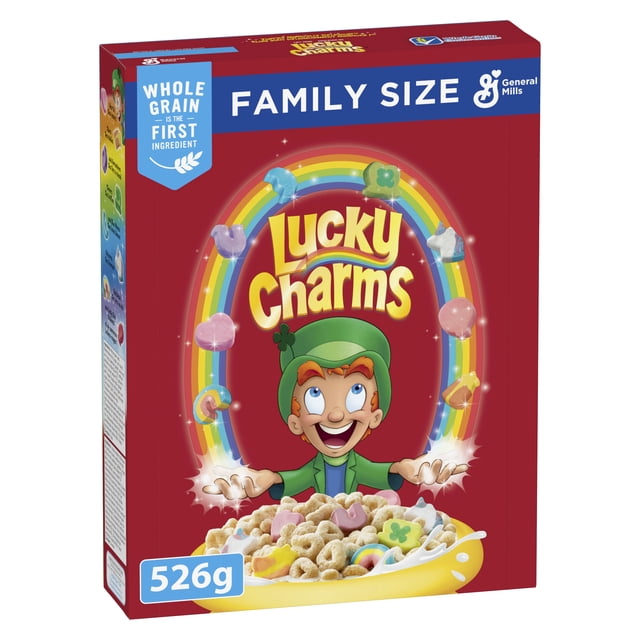 Lucky Charms Breakfast Cereal with Marshmallows, Family Size box featuring a red background with a rainbow arch and colorful marshmallow shapes around the yellow brand name. The front displays a bowl of frosted toasted cereal and multicolored marshmallows, weighing 526g, made with whole grains as the first ingredient, ideal for breakfast or snacks.