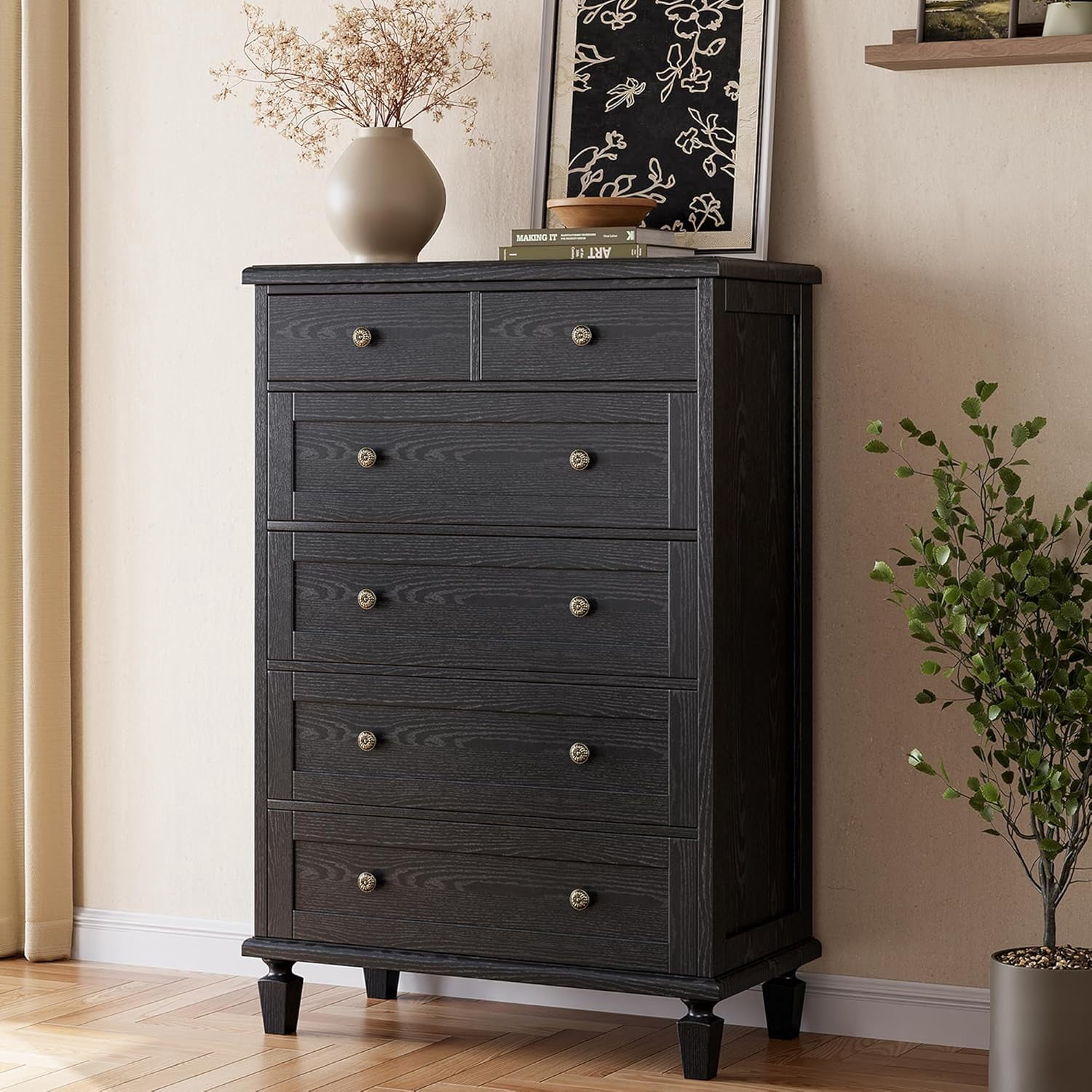 Vintage 6 Drawer Dresser for Bedroom, Tall Wood Dresser with Tapered Legs Support, Dressers & Chests of Drawers for Living Room, Black