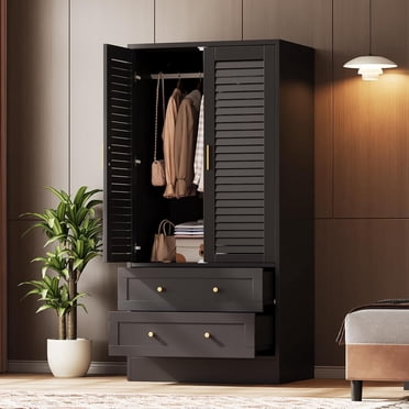 Louvered Door Wardrobe Armoire with 2 Drawers and Hanging Rod, Wooden Clothing Storage Cabinet for Bedroom, Black