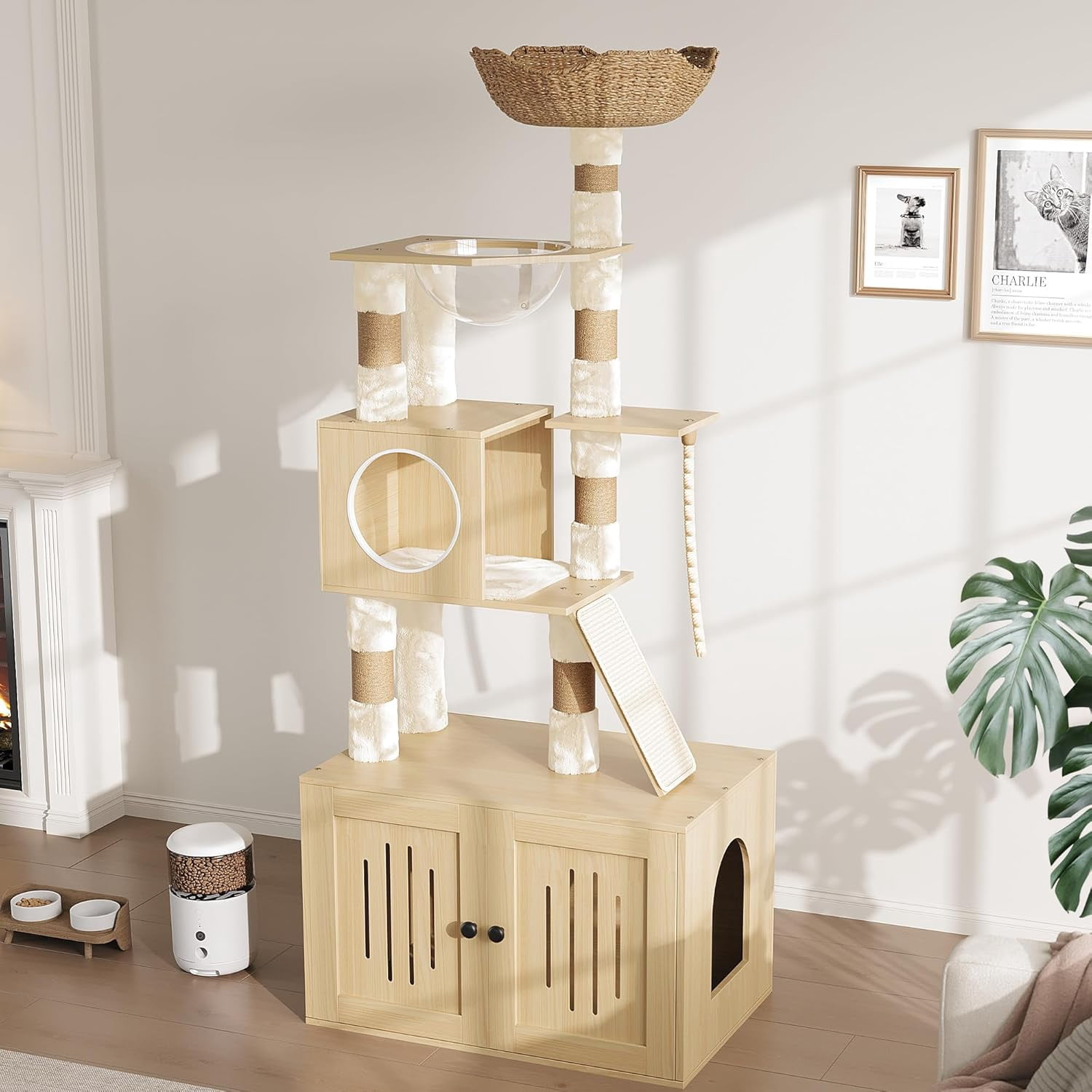 Cat Tree with Litter Box Enclosure, Hidden Washroom Litter Box Tree with Sisal Scratching Post and Soft Plush Perch, Wooden Cat Furniture with Multiple Platforms, Burlywood