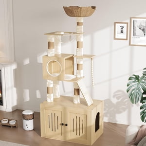 Arbre de chat avec boîte à litière enclosure, salle de toilettes cachée arbre de litière avec poste de scratch Sisal et perche en peluche douce, Meubles de chat en bois avec plates-formes multiples, Burlywood