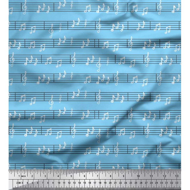 Soimoi Tissu Crêpe polyester Bleu Notes Instrument de Musique Tissu au Mètre 42 Pouces de Large