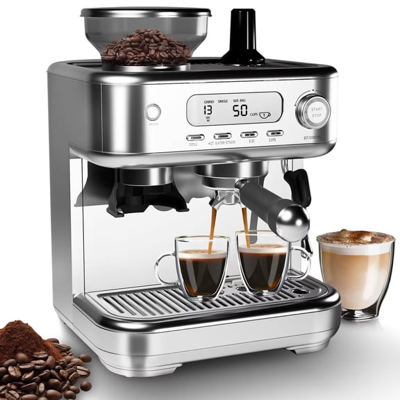 Ourlova Espresso Machine 15 Bar LCD Display Espresso Maker with Grinder Milk Frother and PID Temperature Control Professional Coffee Maker for Latte Cappuccino-8.8 Oz Bean Hopper