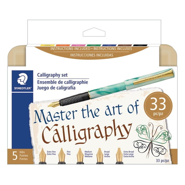 Staedtler Calligraphy Pen Set, 33 pieces, featuring a turquoise and gold calligraphy pen with a black rubber grip and five interchangeable nibs in extra fine, fine, medium, broad, and extra broad sizes, including instructions and a practice pad for calligraphy skill development.