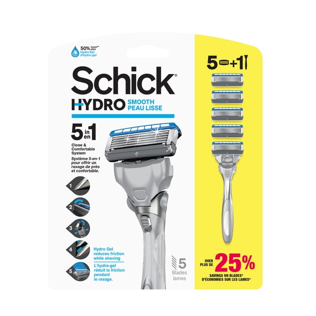 Schick Hydro Smooth Skin Men’s Razor - System and 5 Razor Refills Value Pack