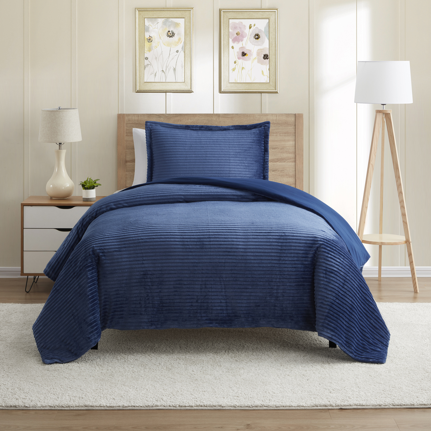Nestl Duvet Cover Set, Reversible Front Cut Plush Fleece Design & Back Brushed Soft Microfiber for Comforters, 2 PC Set with Zipper Closure & Ties, Duvet Cover Twin, Navy