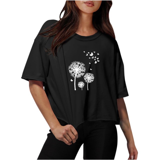 Blouses for Women Drop Shoulder Round Neck Oversized Crop Tops Workout Tops Tees