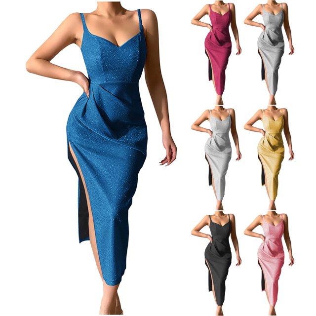 Gspmoly Robes pour Femmes, Mode Femmes Été Décontracté Uni Col en V Camis Sans Manches Gilet Robe Longue Robes Formelles pour Femmes Offres du Jour