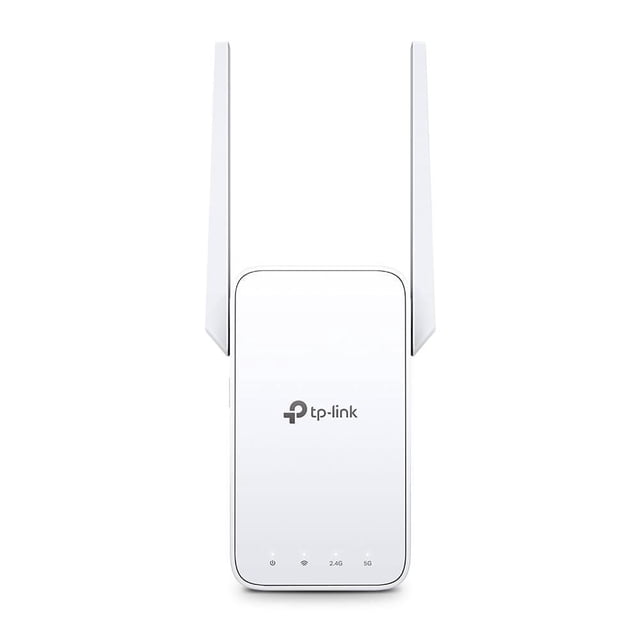 TP Link AC1200 Mesh Wi-Fi Range Extender (RE315) with dual vertical antennas in white, featuring LED indicators for power, Wi-Fi, 2.4 GHz, and 5 GHz bands, designed to extend stable dual-band wireless coverage and eliminate weak signal areas in whole home networks.
