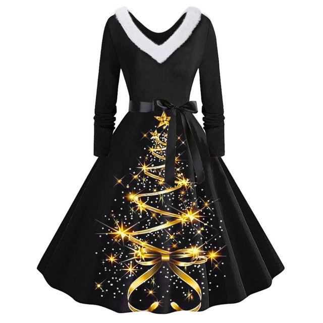 TIMIFIS Robes de Noël pour Femmes, Robes Maxi pour Femmes Robe Vintage de Vacances Manches Longues Col en V en Fourrure Robe Dos Nu