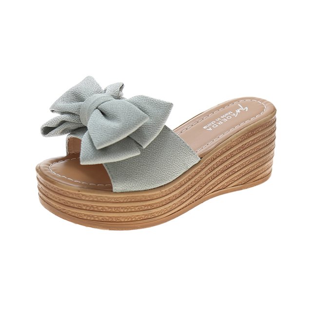Leutsin Women Bowknot Beach Summer Slippers Platform Slope Heels Plus Size Shose