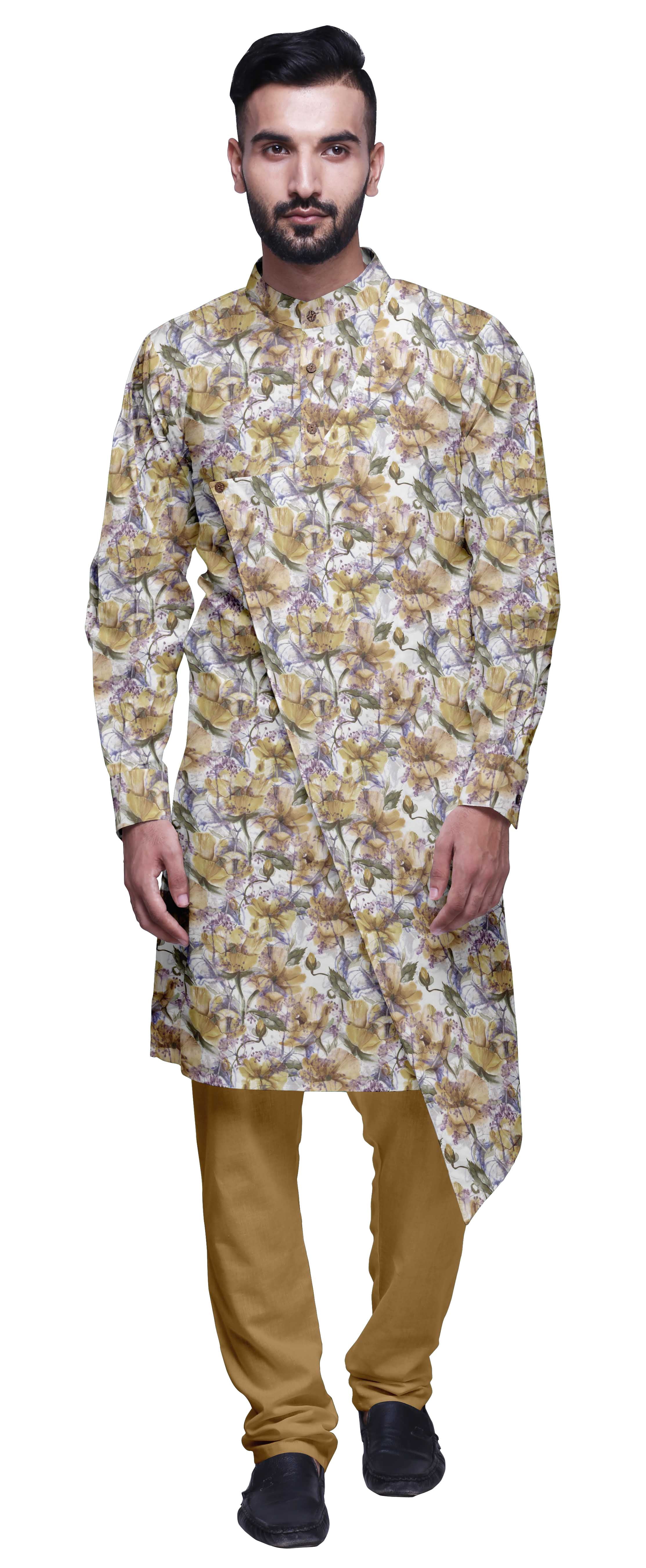 Atasi Kurta Pyjama de Designer pour Hommes Ensemble Kurta Angrakha Imprimé Vêtements d'Été